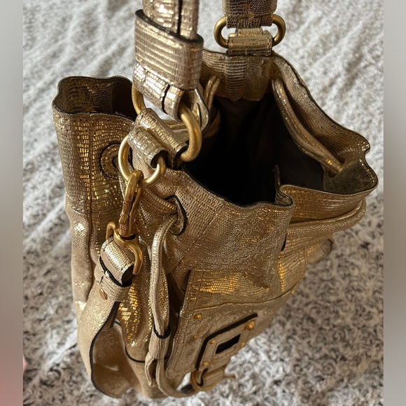 JUICY COUTURE Gold Leather Drawstring Animal Print Metallic Shoulder Bag Purse x - Picture 16 of 17